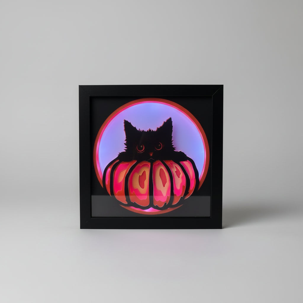 Black Cat in Pumpkin Lighted Shadowbox