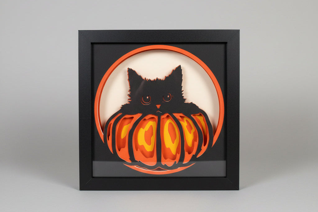 Black Cat in Pumpkin Lighted Shadowbox