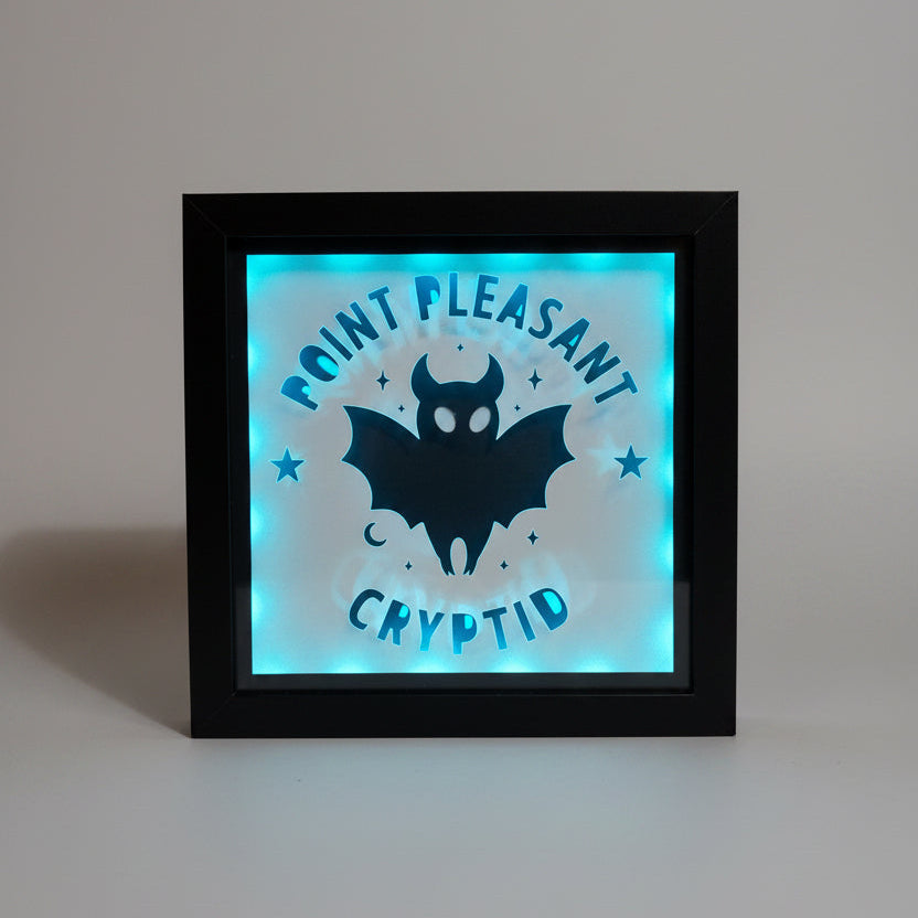 Framed artwork with text and a bat design on a light-up panel.